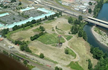 An aerial view of The Confluence site shortly after the completion of cleanup in 2020. Photo by Marv Woidyla