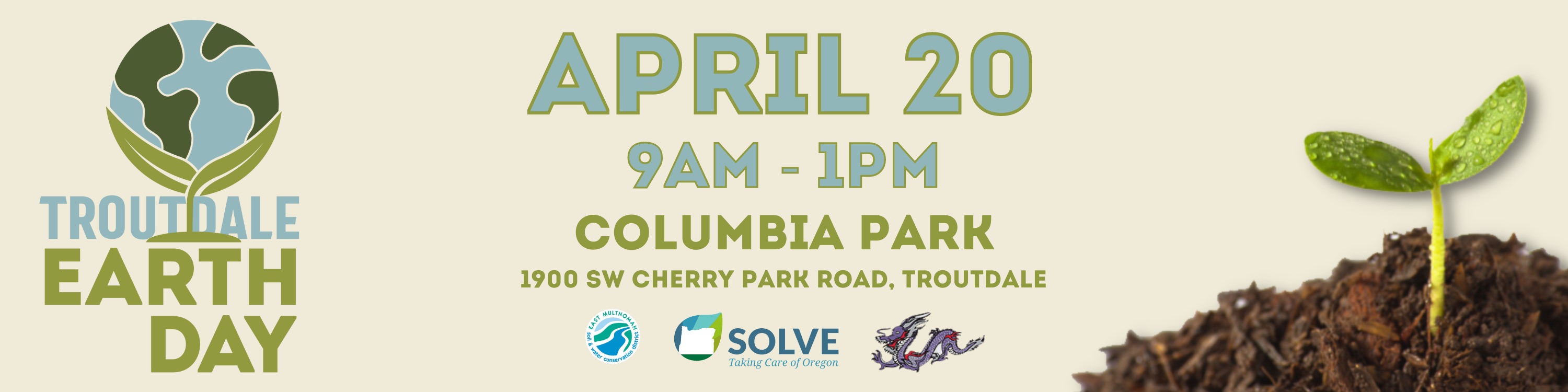 Troutdale Earth Day event banner. April 20, 9am-1pm, Columbia Park