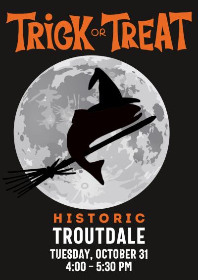 Trick or Treat Troutdale. Logo of a fish witch shadow flying across the face of the moon on a broom