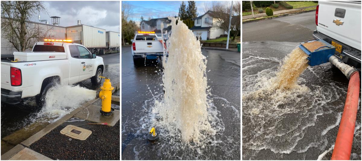 Collage of three images showing waterline flushing from a hydrant in Troutdale, Oregon