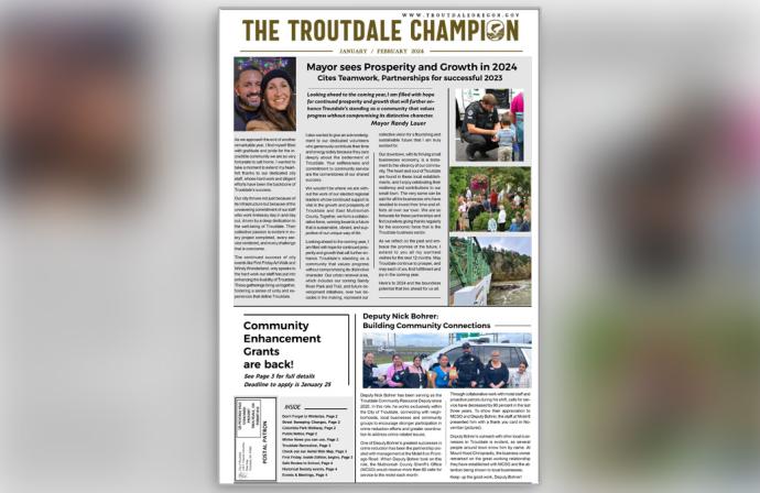 Image of the front page of the January/February 2024 edition of The Troutdale Champion