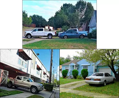 Parking  on your lawn is prohibited as is blocking the sidewalk, even if your vehicle is partially in your driveway.