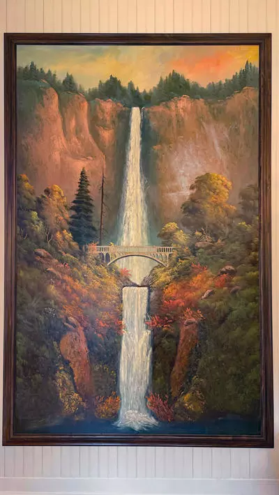 Historic painting of Multnomah Falls inside the Gateway to the Gorge Visitor Center