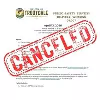 City of Troutdale meeting agenda with red canceled stamp
