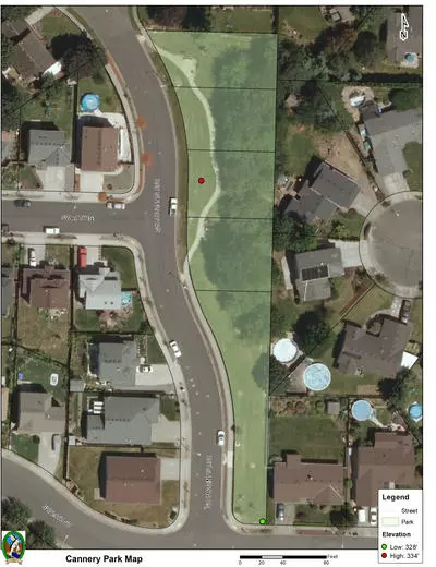Aerial view of Cannery Park with borders and marked paths. Click to open high resolution PDF