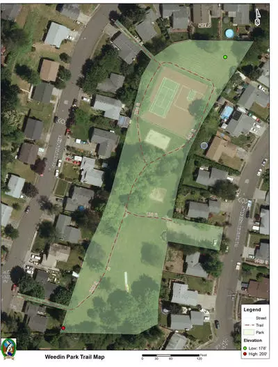 Aerial view and trail map of Weedin Park in Troutdale. Click to open PDF