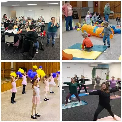 Collage of recreation activities (clockwise from top left) painting class, indoor play park, yoga class, kid's waving pom poms