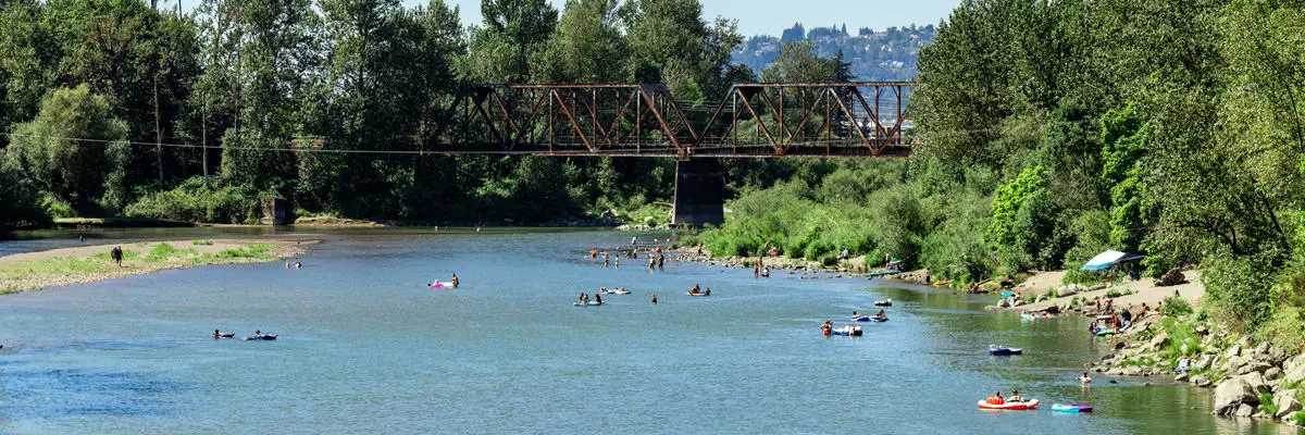 People swimming in the Sandy River with the Sandy River Bridge in the background.