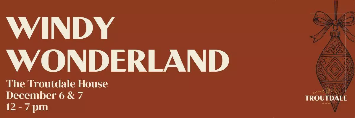 Windy Wonderland. Banner is deep red with a sketch of a holiday ornament on the right side