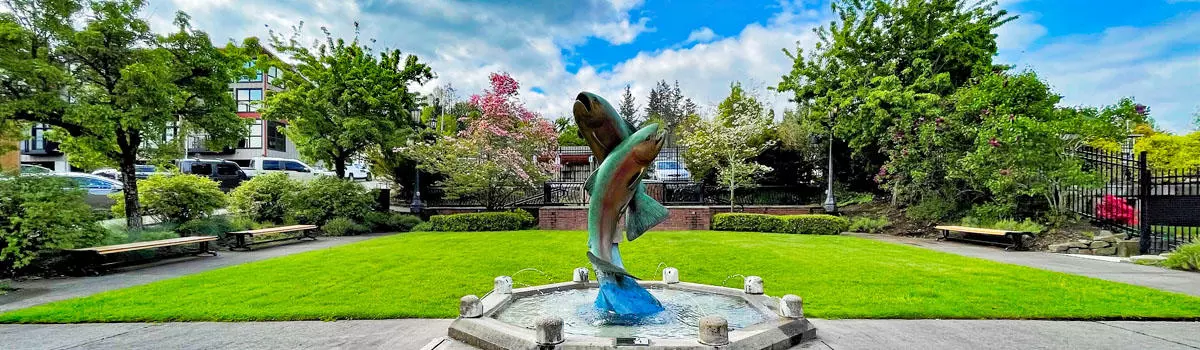 Fish fountain at Mayors Square in downtown Troutdale