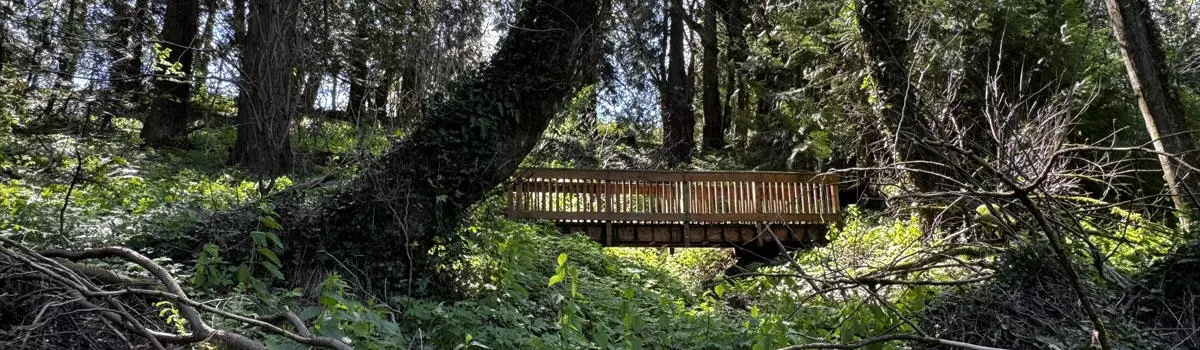 A footbridge on a trail inside Helen Althaus Park in Troutdale