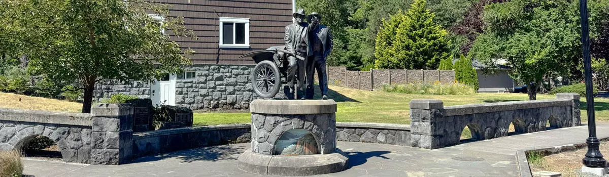 Bronze sculpture at Visonary Park in Troutdale commemorating Sam Hill and Sam Lancaster.