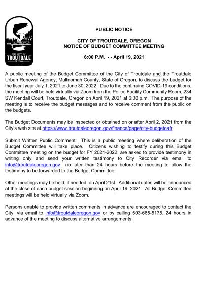 Notice of public meeting of the Budget Committee and Urban Renewal Agency