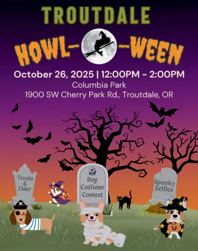 Troutdale Howl-o-Ween 2025 poster. Cartoon dogs in costume in a cemetery with spooky trees and bats at sunset