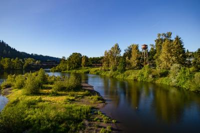 View of the Sandy River and iconic water tower from I-84 in Troutdale
