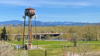 Troutdale's iconic water tower standing over The Confluence site