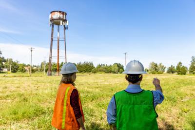 the_confluence_at_troutdale-1.jpg Woman and man in hard hat look out over The Confluence at Troutdale