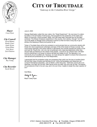 June 5, 2020 statement from Mayor Casey Ryan