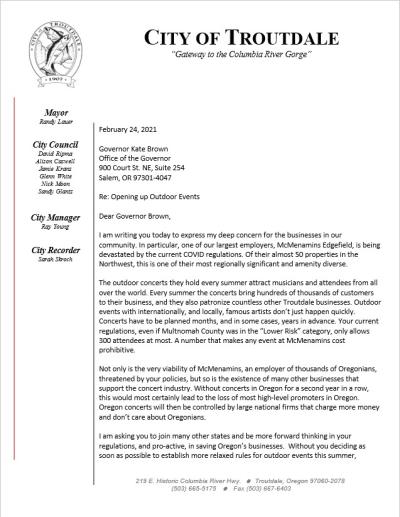 Image of Mayor Randy Lauer's February 23, 2021 letter to Gov. Kate Brown - Page 1