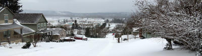 Looking down Dora Ave. from 5th St. on a snowy day in Troutdale