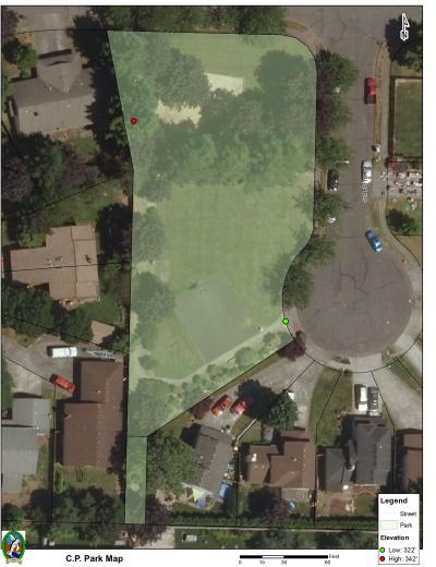 Aerial view of CP Park with borders and marked paths. Click to open high resolution PDF