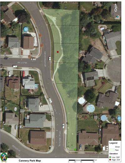 Aerial view of Cannery Park with borders and marked paths. Click to open high resolution PDF