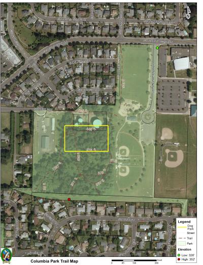 Aerial view of Columbia Park with borders and marked paths. Yellow box shows off-leash dog park. Click to open high resolution PDF