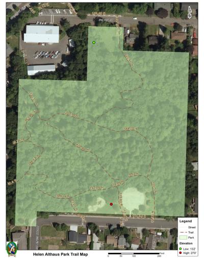 Map and aerial view of Helen Althaus Park in Troutdale. Click to open PDF