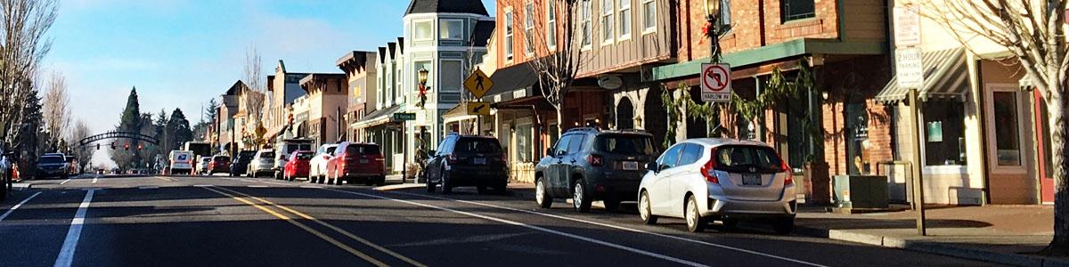 Cars parked along Historic Columbia River Highway in downtown Troutdale
