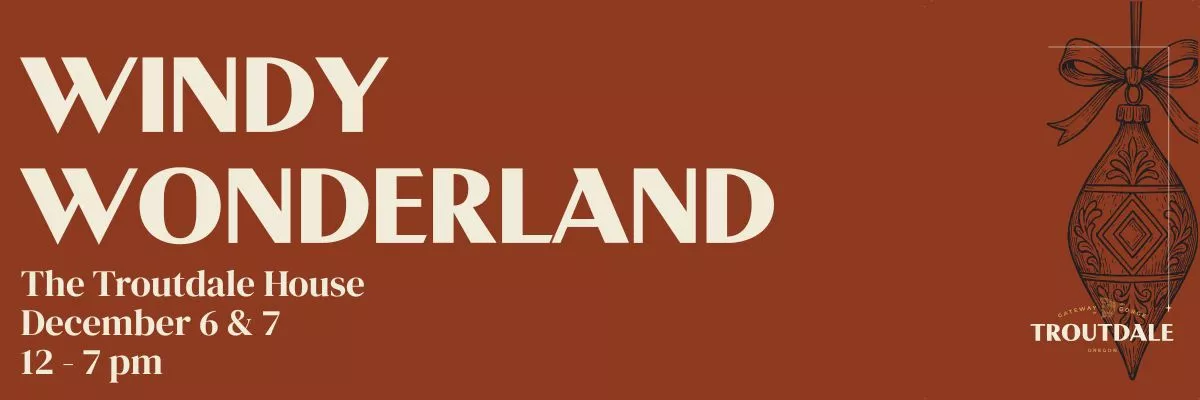 Windy Wonderland. Banner is deep red with a sketch of a holiday ornament on the right side