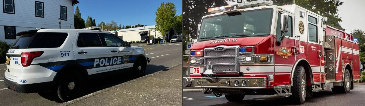 Left side of banner shows a Troutdale Police SUV, right side show's a Gresham Fire truck