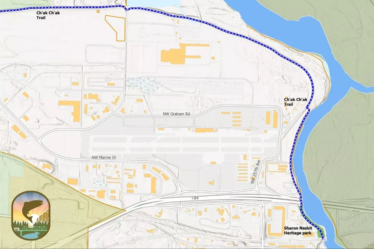 Map showing the location of the Ch'ak Ch'ak Trail and it's connection to Sharon Nesbit Heritage Park