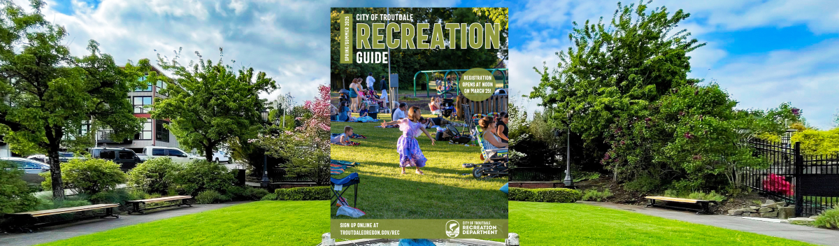 Troutdale Recreation Spring Summer 2025 Recreation guide overlaying a view of Mayors Square