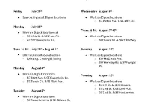 Tentative Schedule for Digouts and SW McGinnis Reconstruct