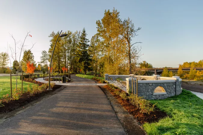 The observation area on the banks of the Sandy River at Sharon Nesbit Heritage Park